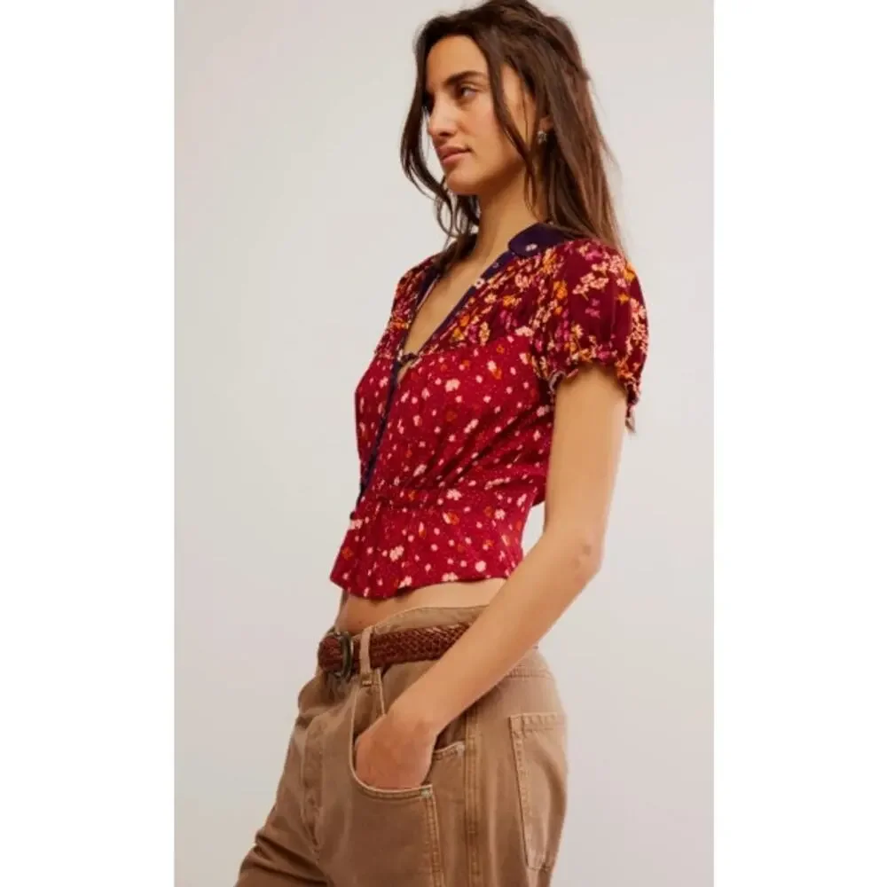 NEW! Free People 'Bella' Blouse in EARTH RED COMBO (L)